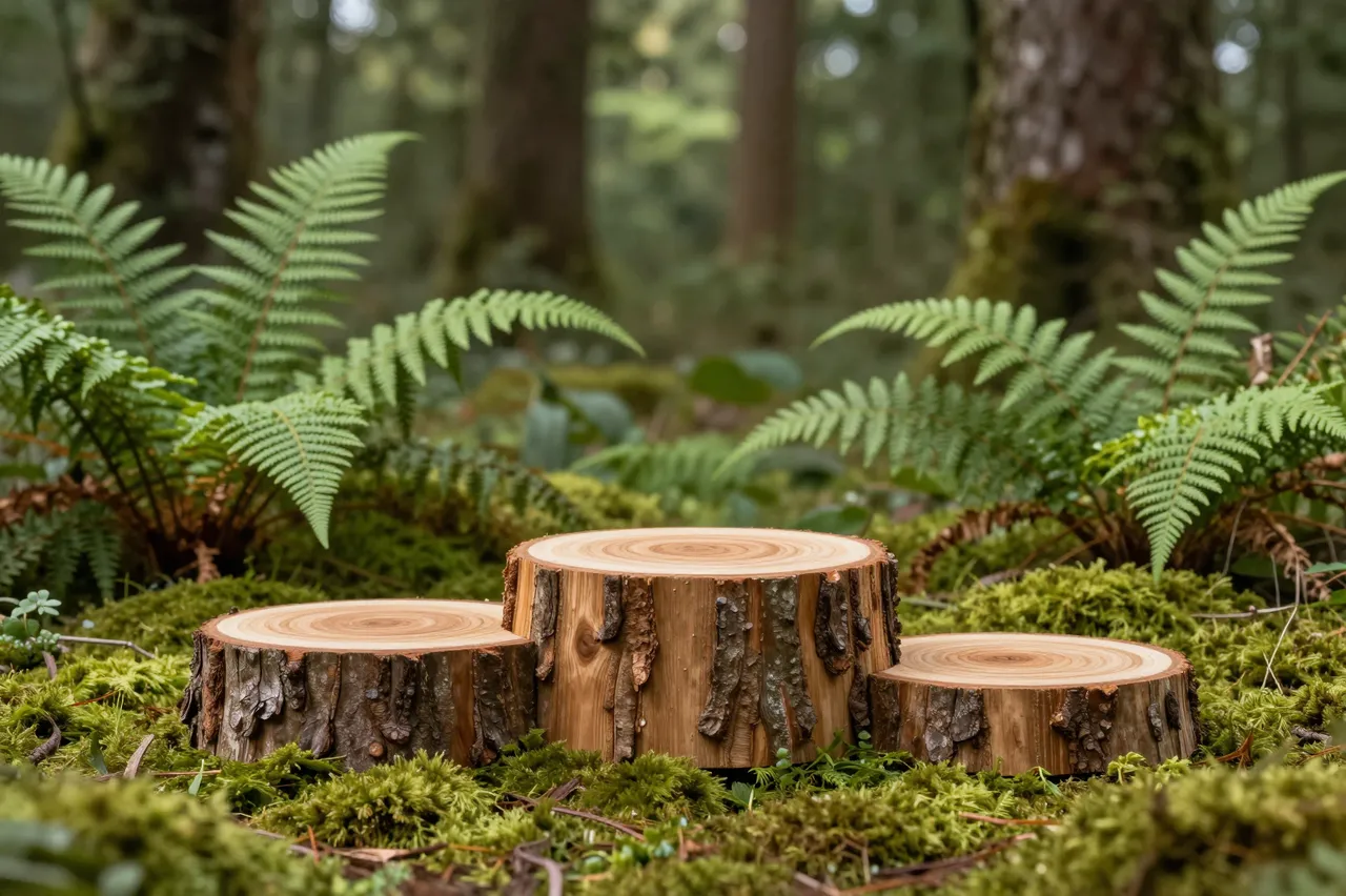 Three tiered oak wood slice podiums rest on moss among ferns in soft dappled forest light