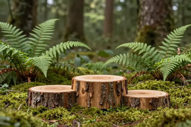 Three tiered oak wood slice podiums rest on moss among ferns in soft dappled forest light