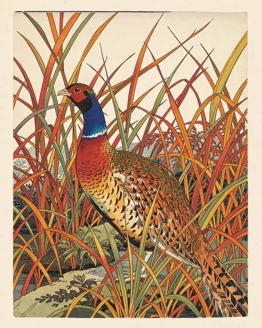 Japanese woodblock print of a colorful pheasant standing among tall colorful autumn grasses