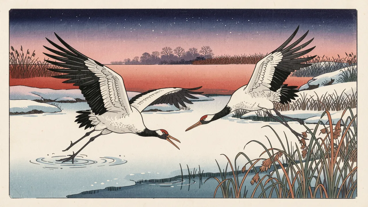 Two red-crowned cranes fly low over a snowy marsh at gradient twilight in a Japanese woodblock print style