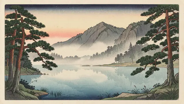 Traditional Japanese woodblock print of pine trees framing a misty mountain lake at sunrise