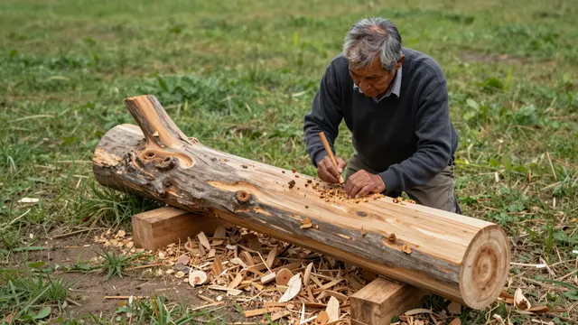 An older man carves a large wood log outdoors, with wood chips scattered on surrounding grass.