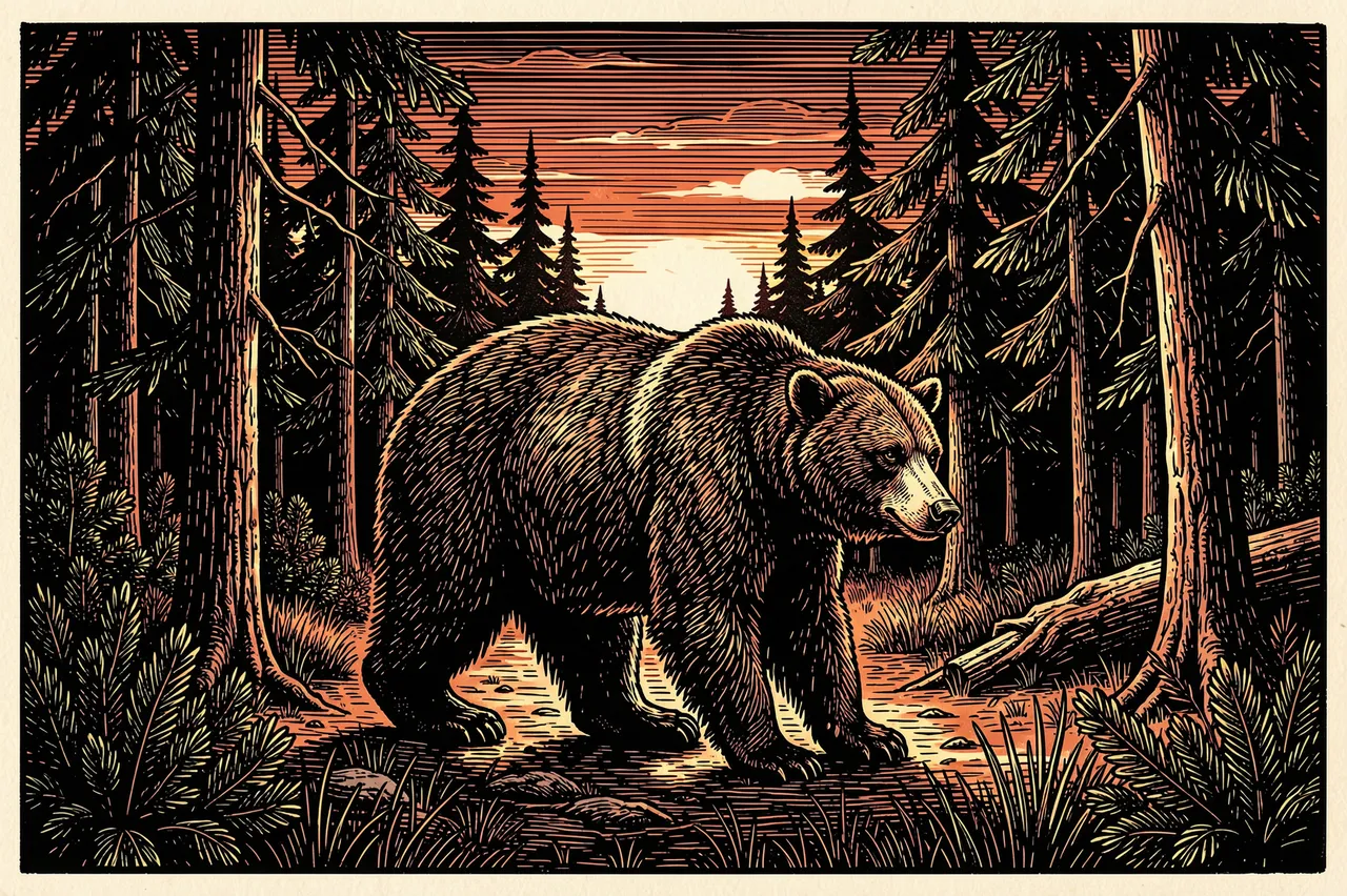 Detailed woodcut illustration of a brown bear standing in a pine forest at warm orange dusk