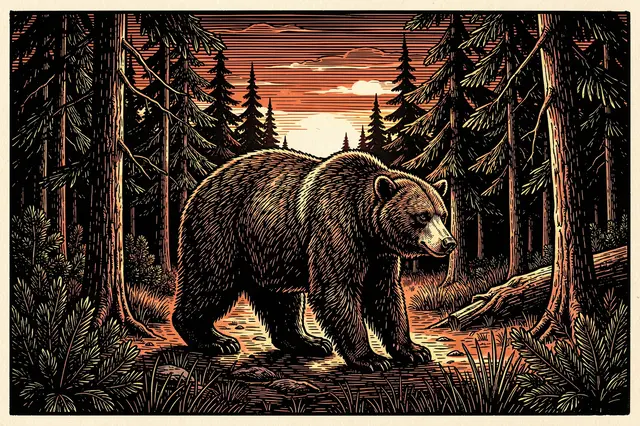 Detailed woodcut illustration of a brown bear standing in a pine forest at warm orange dusk