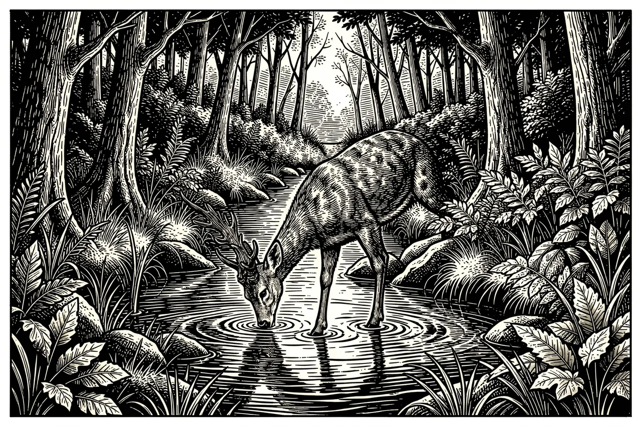 Black and white woodcut illustration of a deer drinking from a rippling forest stream surrounded by woodland foliage.