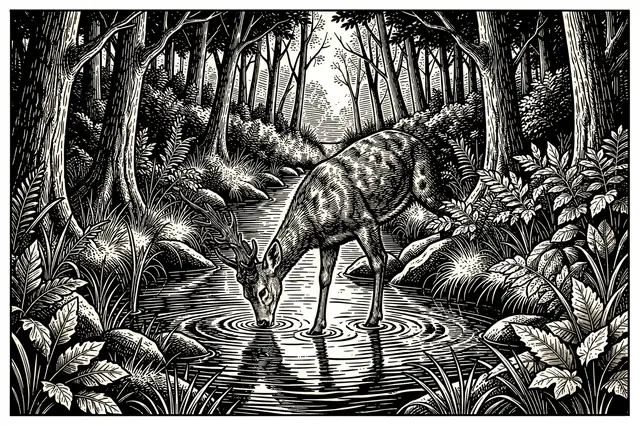 Black and white woodcut illustration of a deer drinking from a rippling forest stream surrounded by woodland foliage.