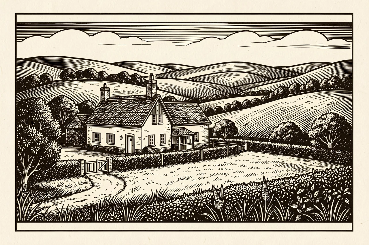 Vintage woodcut illustration of a cottage farmhouse set among rolling countryside hills and hedgerows
