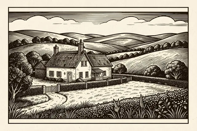Vintage woodcut illustration of a cottage farmhouse set among rolling countryside hills and hedgerows