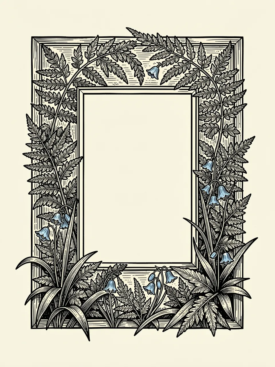 An empty rectangular decorative woodcut frame decorated with bracken ferns and bluebells on cream paper