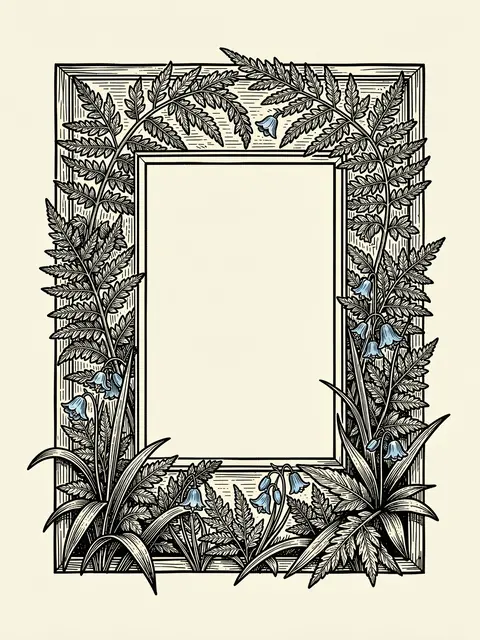 An empty rectangular decorative woodcut frame decorated with bracken ferns and bluebells on cream paper