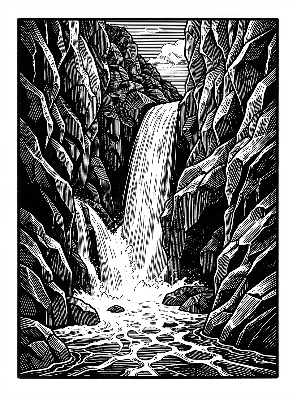 Black and white woodcut style illustration of a waterfall tumbling through a rocky gorge