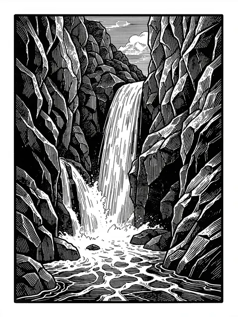 Black and white woodcut style illustration of a waterfall tumbling through a rocky gorge