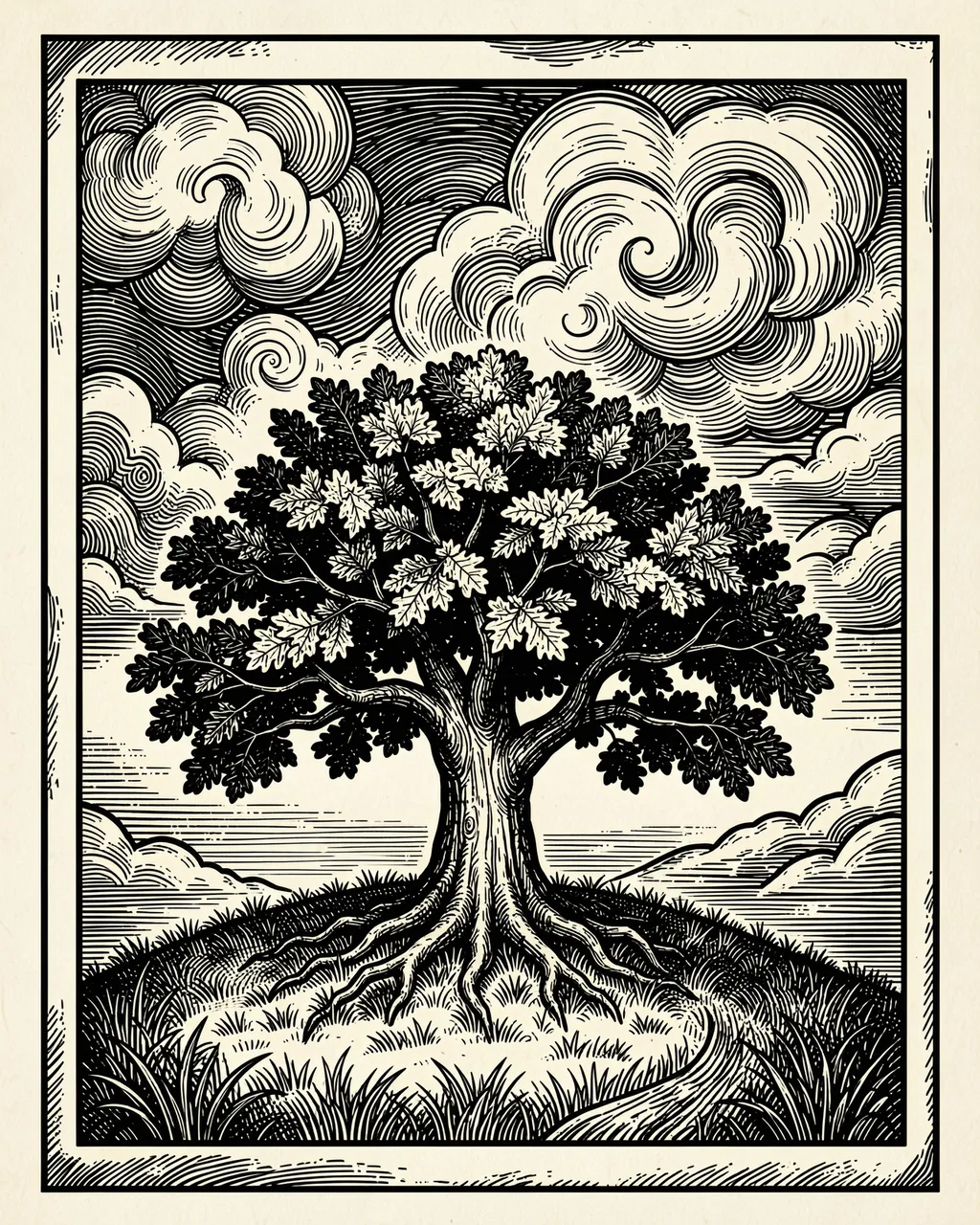 Black and white woodcut illustration of an oak tree on a grassy hill with swirling stylized clouds