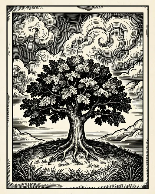 Black and white woodcut illustration of an oak tree on a grassy hill with swirling stylized clouds
