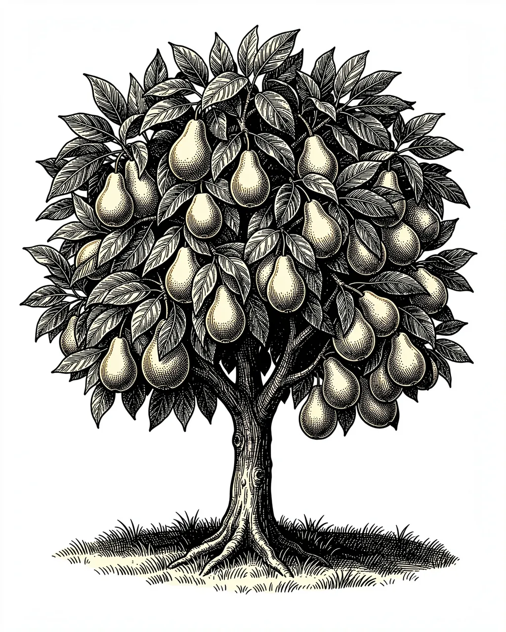 Vintage woodcut illustration of a pear tree heavy with ripe pears on grass