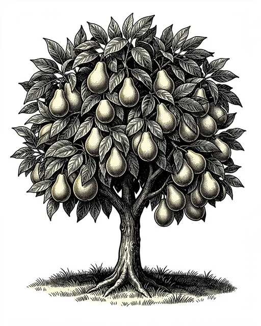 Vintage woodcut illustration of a pear tree heavy with ripe pears on grass