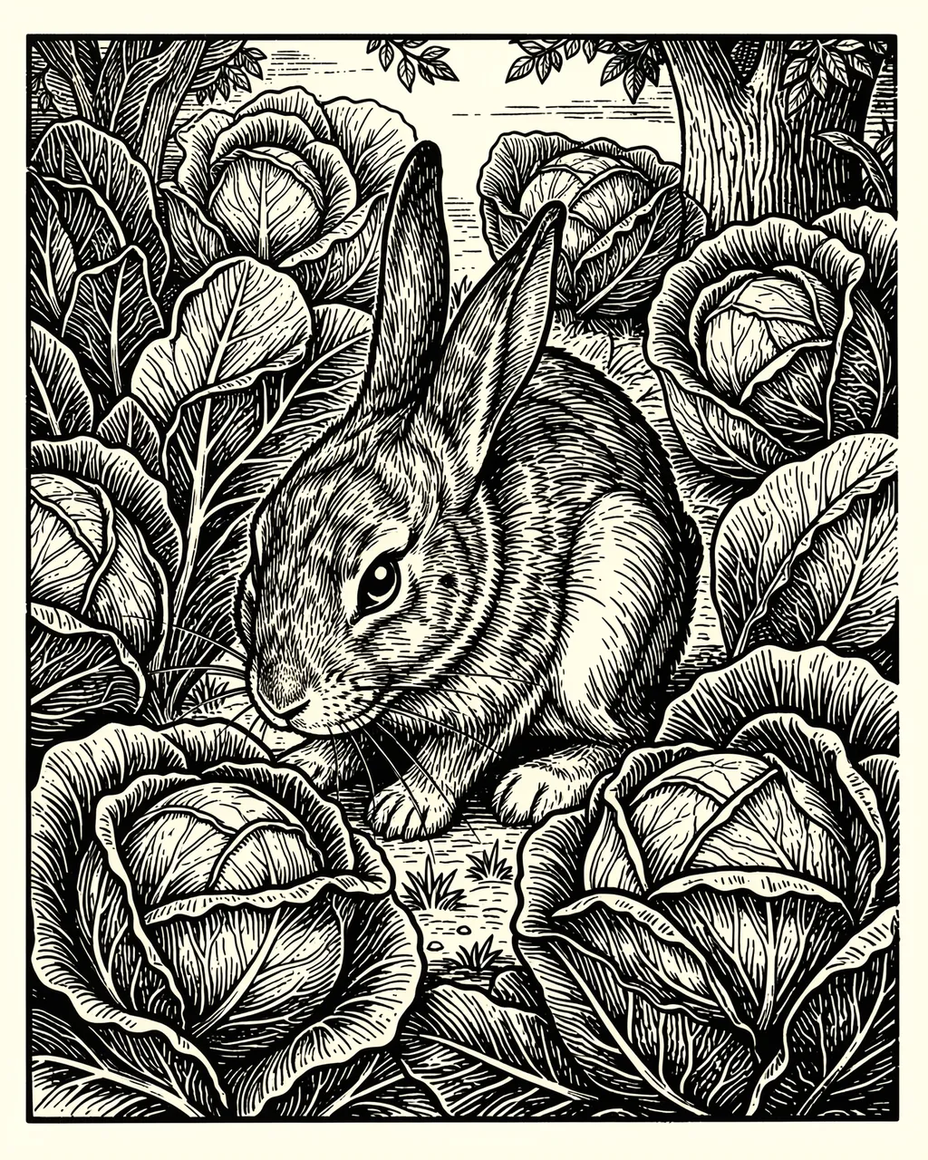 Black and white woodcut illustration of a rabbit sitting among ripe cabbages in a garden