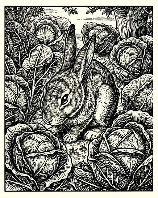 Black and white woodcut illustration of a rabbit sitting among ripe cabbages in a garden
