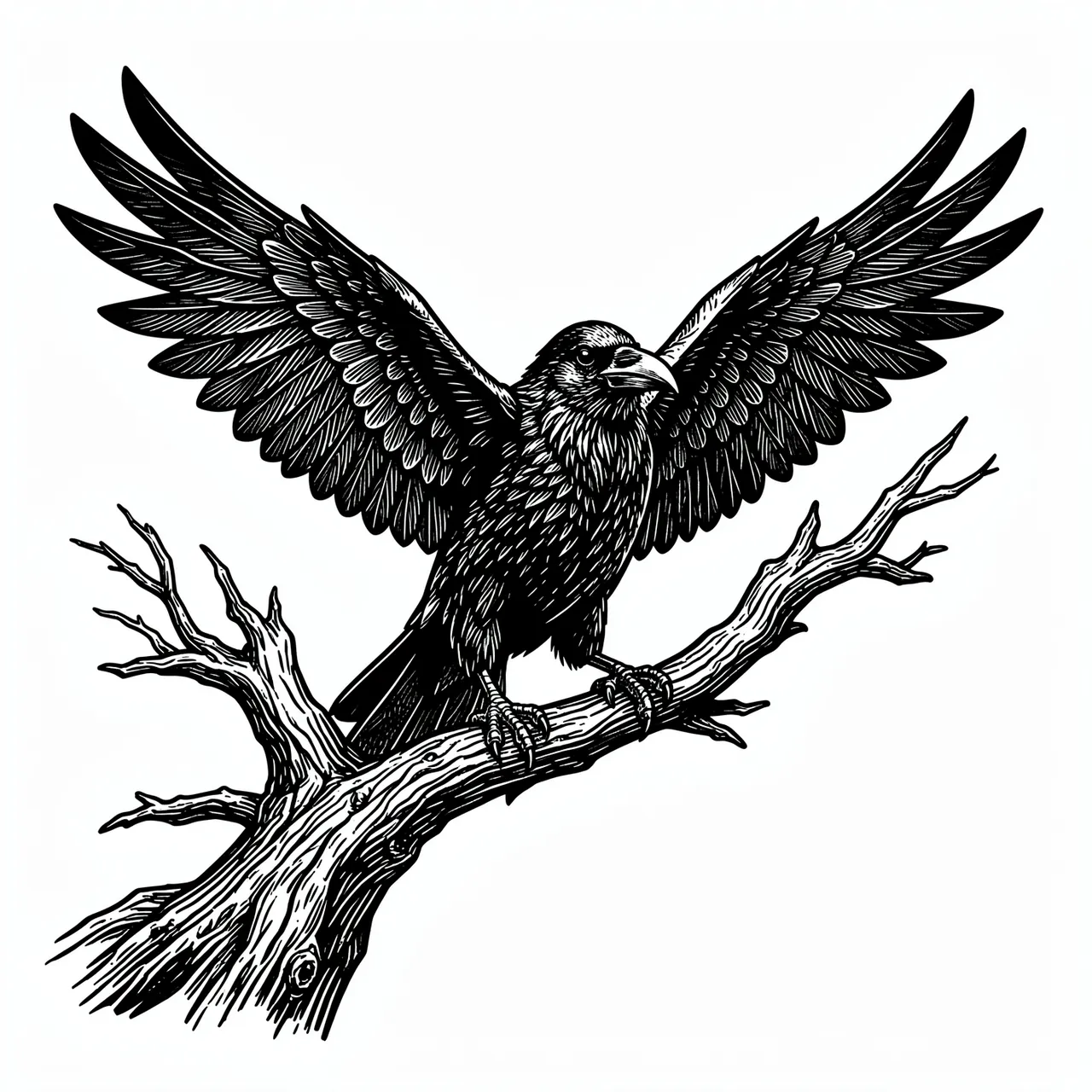 Black and white woodcut illustration of a raven with spread wings perched on a twisted bare branch