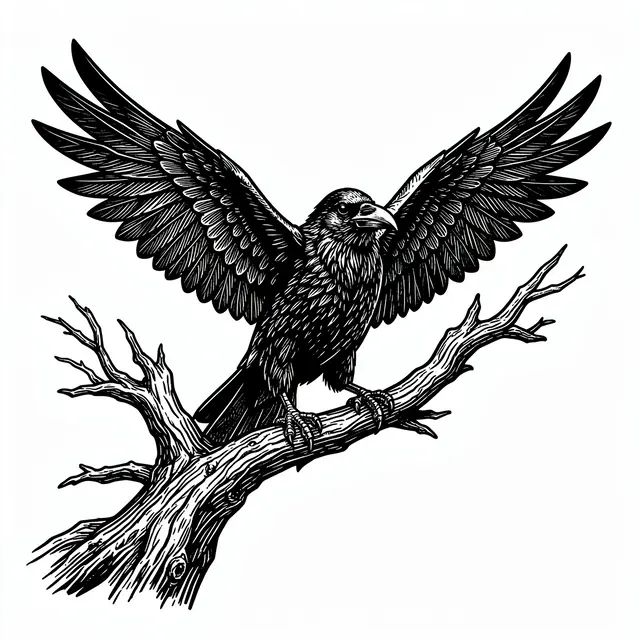 Black and white woodcut illustration of a raven with spread wings perched on a twisted bare branch