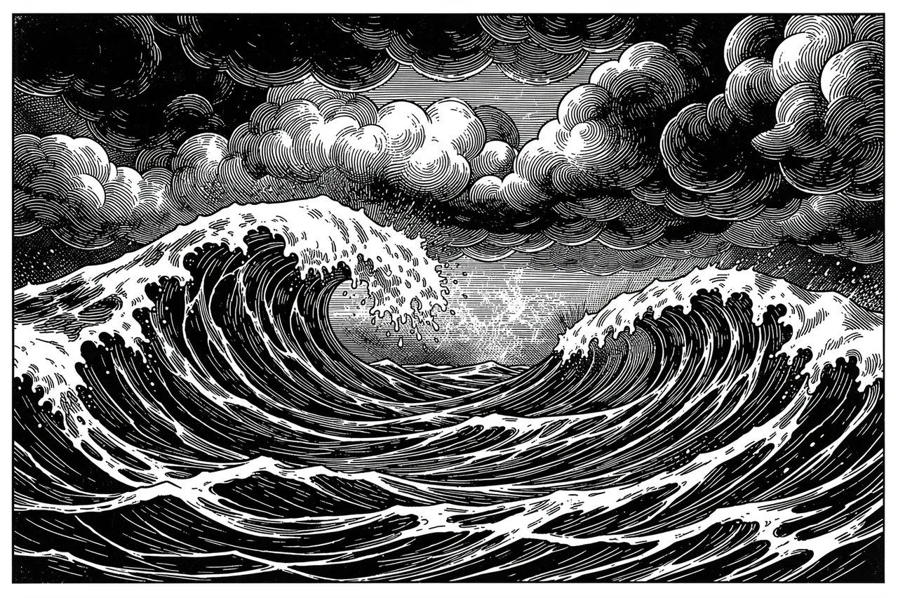 Black and white woodcut illustration of towering storm waves beneath dark swirling clouds