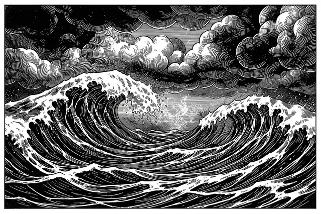 Black and white woodcut illustration of towering storm waves beneath dark swirling clouds