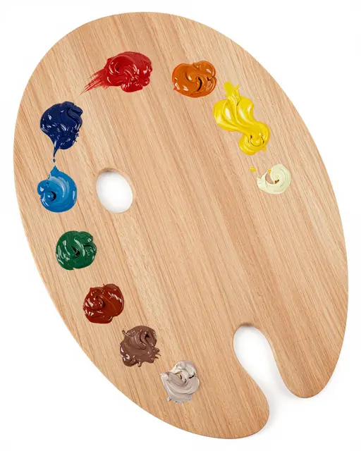 A top-down view of a wooden artist palette holding swirled oil paint blobs on a plain white background
