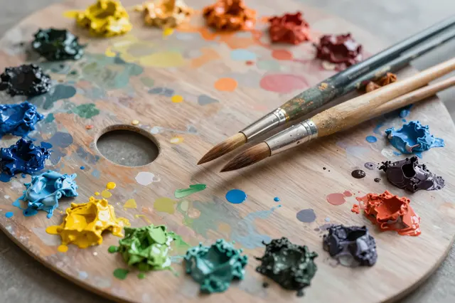 Close-up of a well-used wooden artist palette holding dollops of mixed oil paint and resting paintbrushes