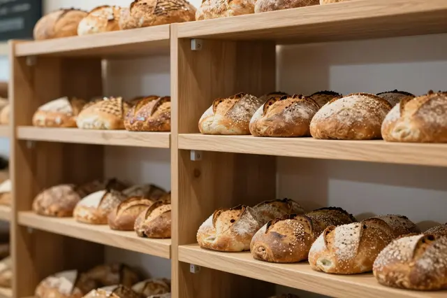 Light wooden shelves in a bakery hold rows of freshly baked crusty artisan loaves