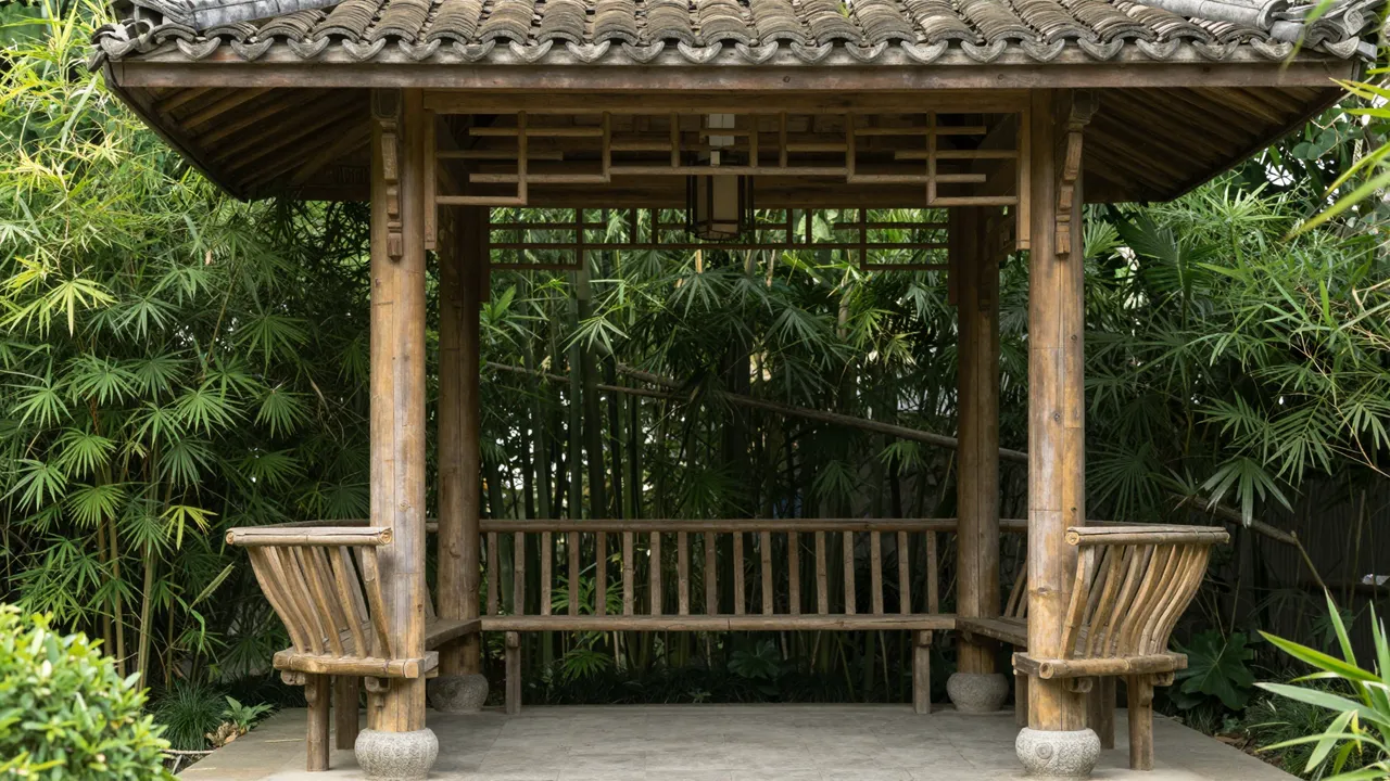 Traditional wooden pavilion surrounded by dense green bamboo in a quiet garden
