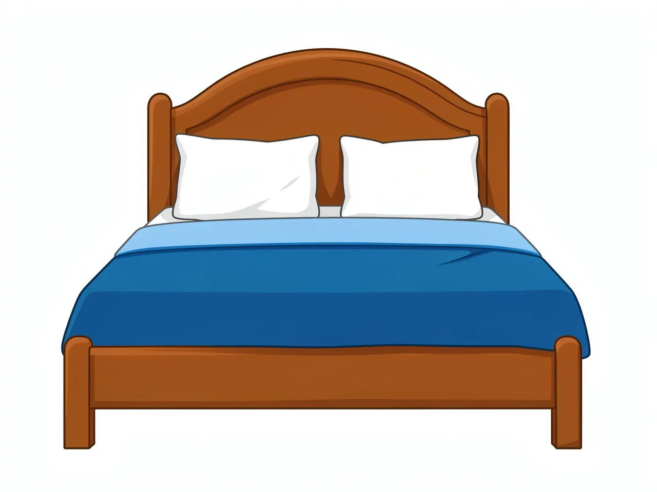 Flat cartoon illustration of a wooden bed with a rounded headboard, blue blanket and two white pillows on a plain white