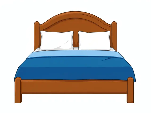 Flat cartoon illustration of a wooden bed with a rounded headboard, blue blanket and two white pillows on a plain white