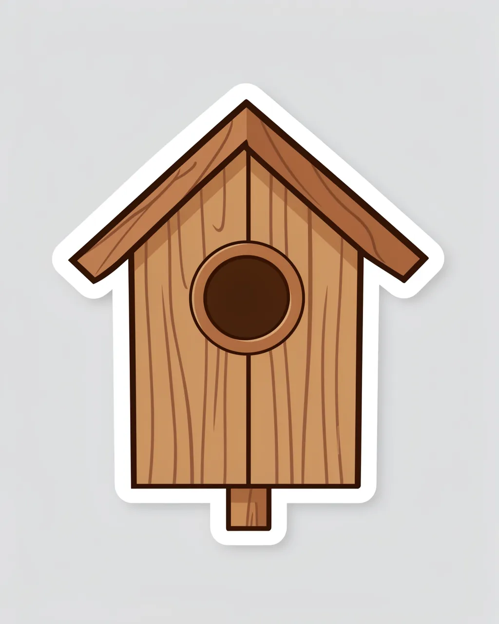 Die-cut sticker of a wooden birdhouse with a round entrance, set against a light gray background