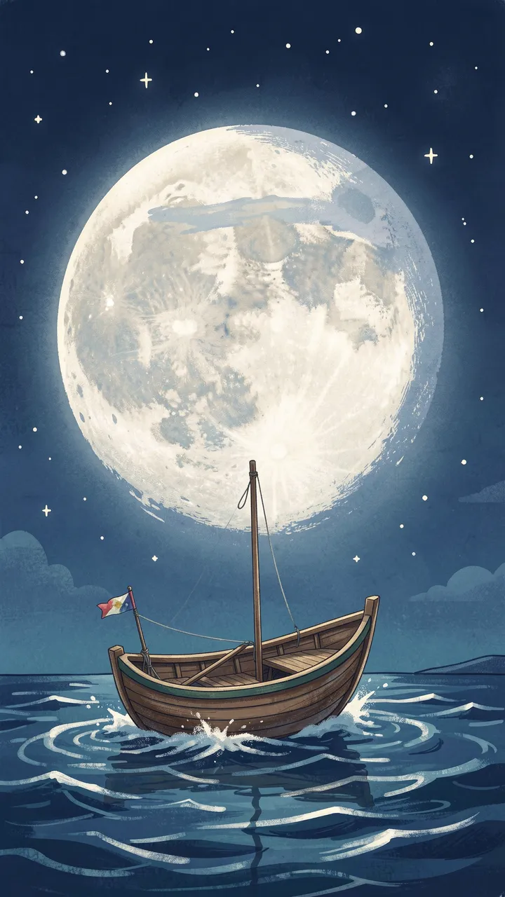 A small wooden sailboat floats on dark ocean waves beneath a huge glowing full moon and starry night sky