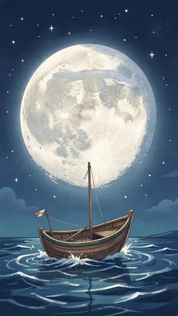 A small wooden sailboat floats on dark ocean waves beneath a huge glowing full moon and starry night sky