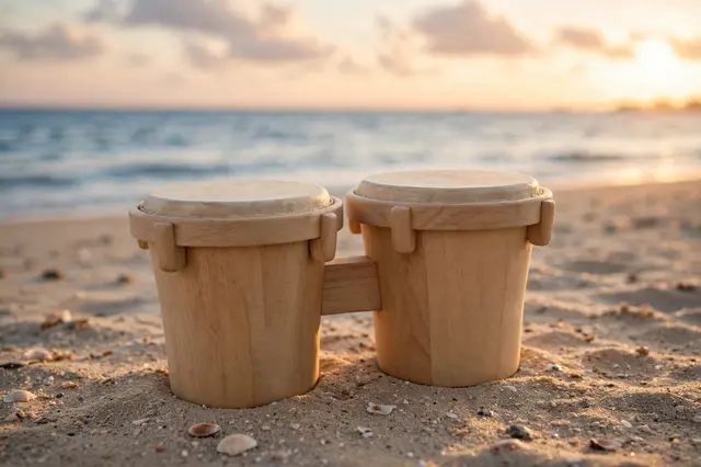 Pair of plain wooden bongos resting on sandy beach beside calm sea at golden sunset