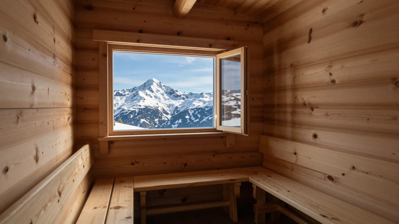Light pine cabin interior with benches and open window framing snow-capped alpine peaks