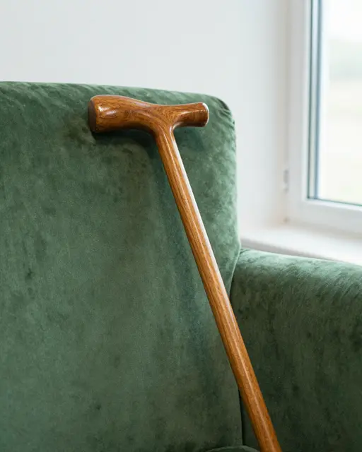 Polished wooden walking cane rests against a green velvet armchair near a bright window