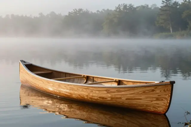 A polished wooden canoe floats on calm, mist-shrouded lake water at early dawn with a forested shoreline in the background.