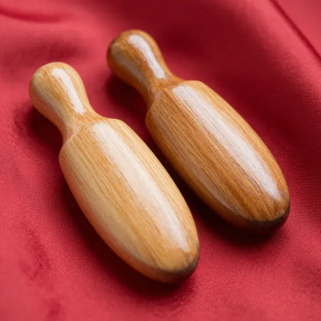 A pair of polished wooden castanets rest on draped red silk fabric with soft side lighting.