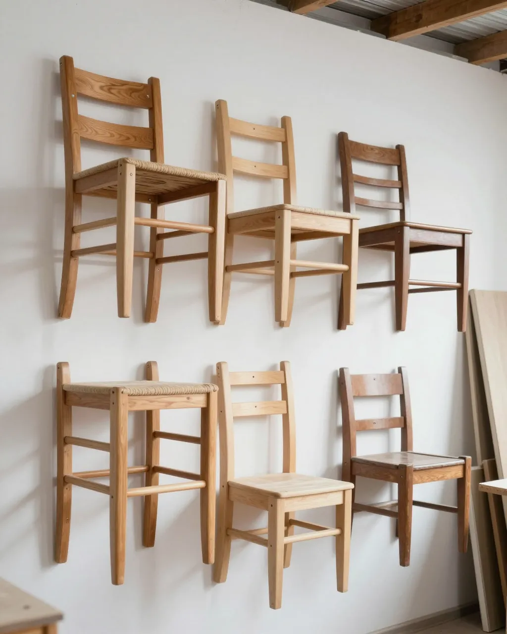 Unfinished and finished wooden dining chairs are mounted in neat rows on a whitewashed workshop wall.