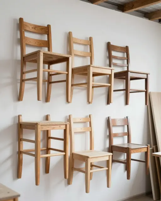 Unfinished and finished wooden dining chairs are mounted in neat rows on a whitewashed workshop wall.
