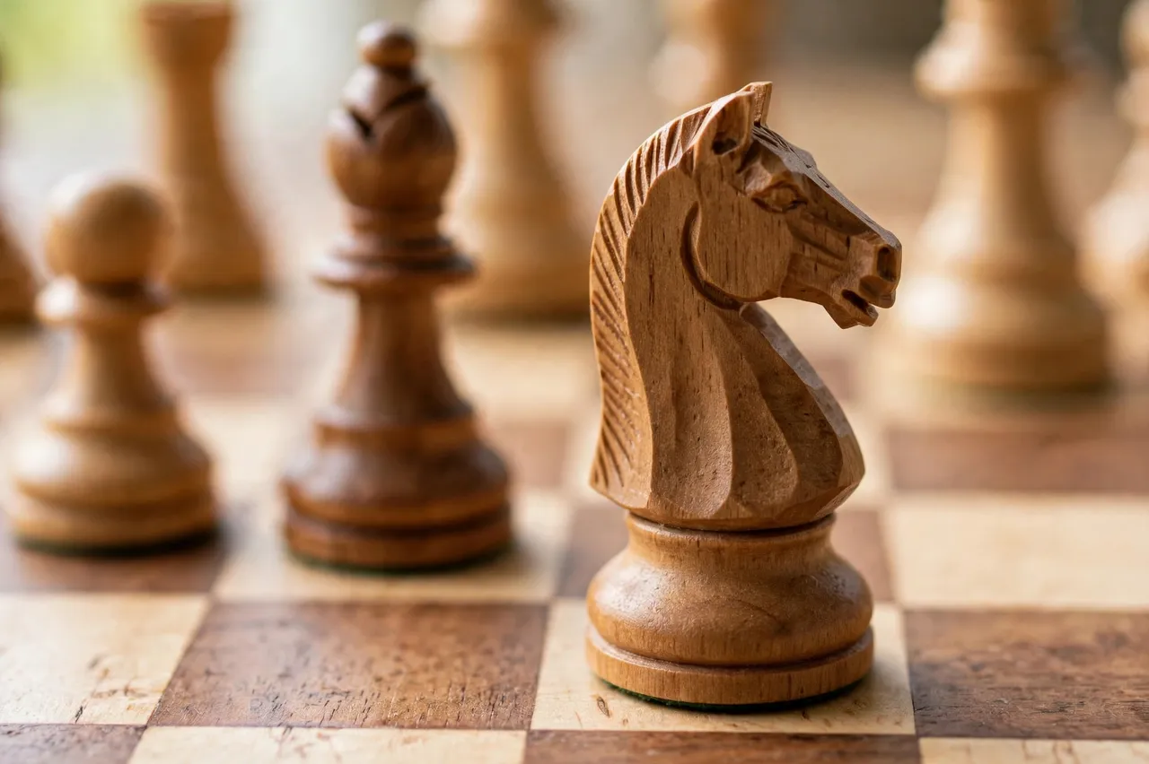A sharply focused carved wooden chess knight sits on a checkered chessboard with blurred surrounding chess pieces.