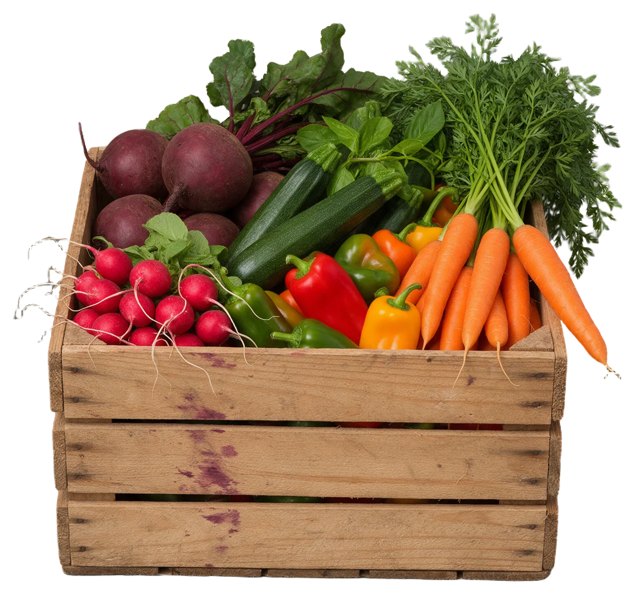 Rustic wooden crate filled with a variety of fresh, whole seasonal farm vegetables.