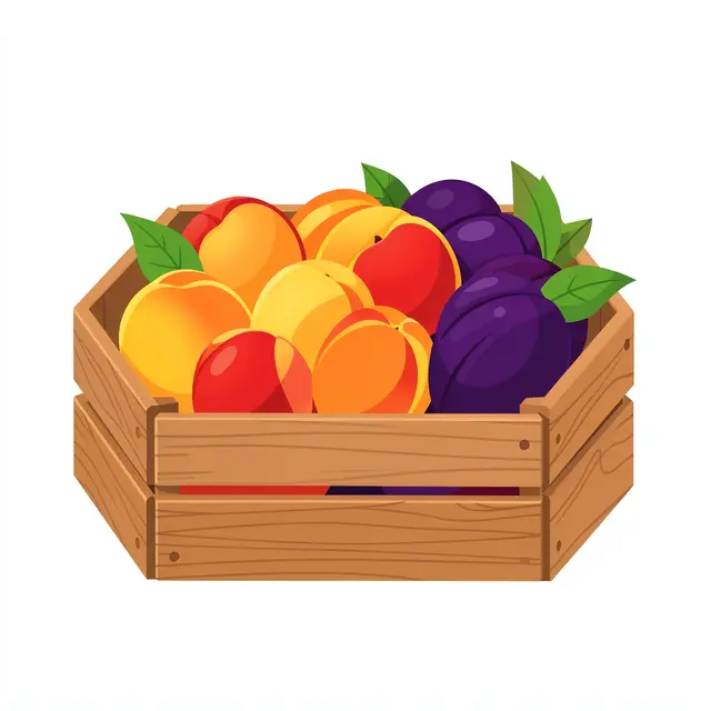 Flat vector illustration of a wooden crate filled with ripe peaches, plums, and fresh green leaves on a plain white