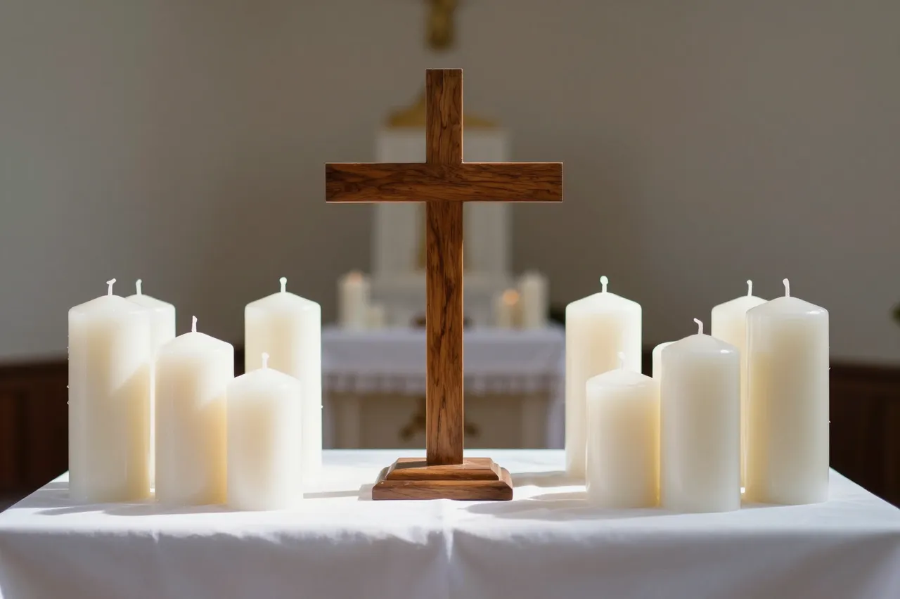 Plain wooden cross surrounded by unlit white pillar candles on a sunlit chapel altar