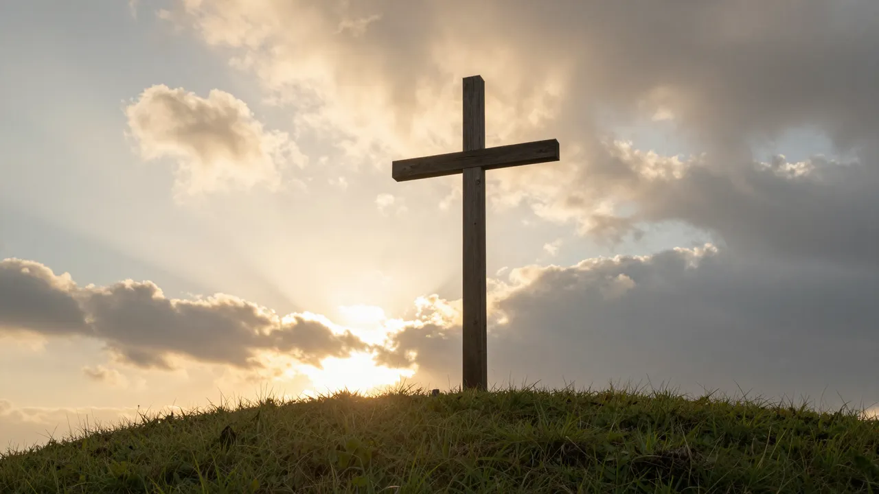 A simple wooden cross stands silhouetted on a grassy hill as golden sunrise rays break through clouds