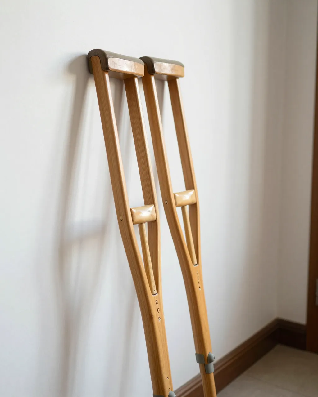 Pair of wooden axillary crutches leaning against a white wall in a sunlit indoor hallway