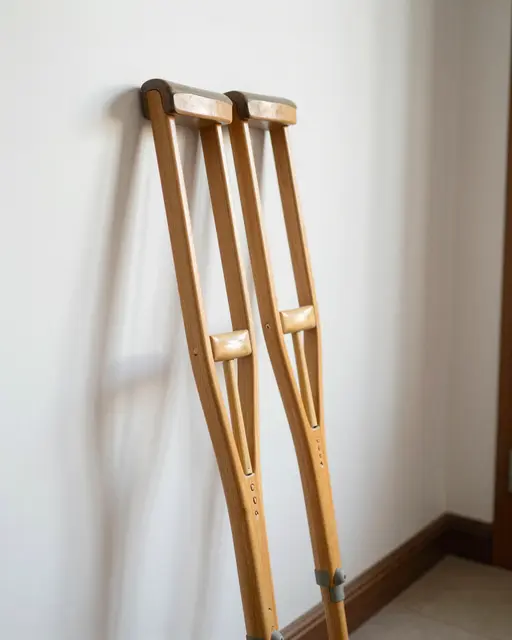 Pair of wooden axillary crutches leaning against a white wall in a sunlit indoor hallway