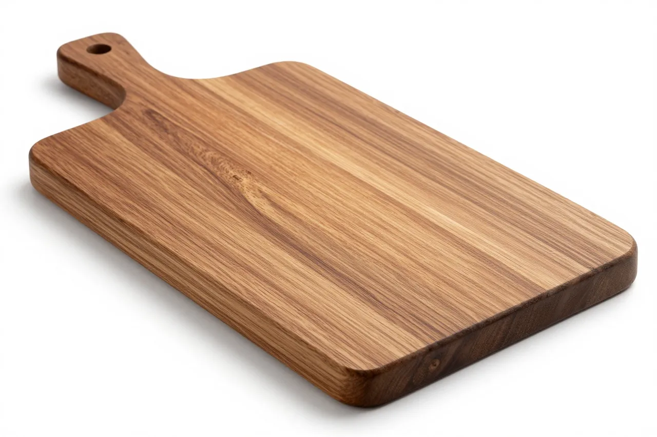 Rectangular acacia wooden cutting board with a handle hole rests on a pure white studio background.